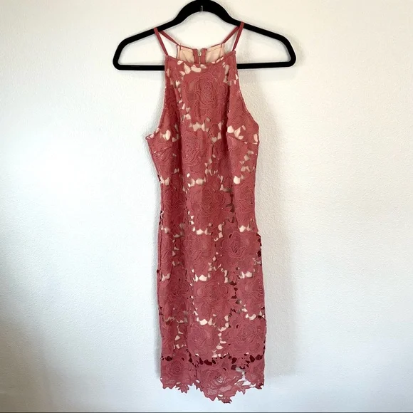 Akira Chicago Black Label High Neck Pink & Nude Lace Body-Con Dress Size Medium - Picture 3 of 14